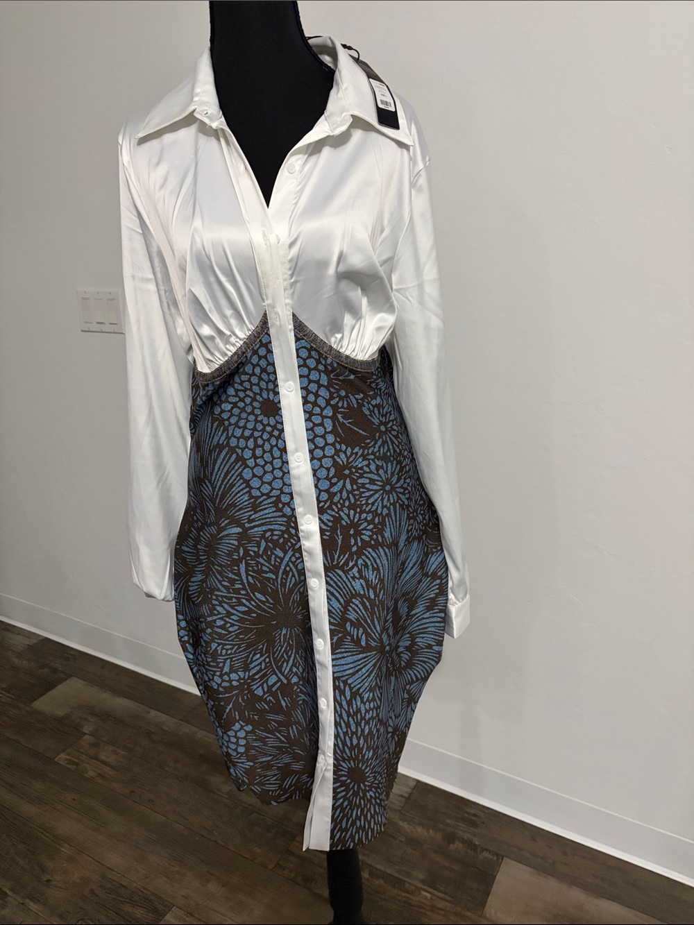 Fashion Nova White Shirt-Top Floral Midi Dress - Blue/Brown
